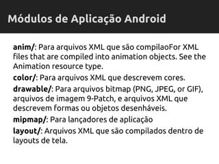 anim/: Para arquivos XML que são compilaoFor XML
files that are compiled into animation objects. See the
Animation resource type.
color/: Para arquivos XML que descrevem cores.
drawable/: Para arquivos bitmap (PNG, JPEG, or GIF),
arquivos de imagem 9-Patch, e arquivos XML que
descrevem formas ou objetos desenháveis.
mipmap/: Para lançadores de aplicação
layout/: Arquivos XML que são compilados dentro de
layouts de tela.
Módulos de Aplicação Android
 