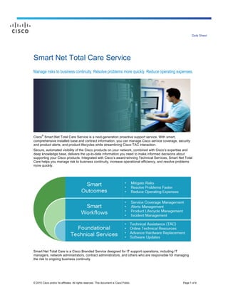 © 2015 Cisco and/or its affiliates. All rights reserved. This document is Cisco Public. Page 1 of 4
Data Sheet
Smart Net Total Care Service
Manage risks to business continuity. Resolve problems more quickly. Reduce operating expenses.
Cisco
®
Smart Net Total Care Service is a next-generation proactive support service. With smart,
comprehensive installed base and contract information, you can manage Cisco service coverage, security
and product alerts, and product lifecycles while streamlining Cisco TAC interaction.
Secure, automated visibility of the Cisco products on your network, combined with Cisco’s expertise and
deep knowledge base, delivers the up-to-date information you need to make informed decisions about
supporting your Cisco products. Integrated with Cisco’s award-winning Technical Services, Smart Net Total
Care helps you manage risk to business continuity, increase operational efficiency, and resolve problems
more quickly.
Smart Net Total Care is a Cisco Branded Service designed for IT support operations, including IT
managers, network administrators, contract administrators, and others who are responsible for managing
the risk to ongoing business continuity.
 