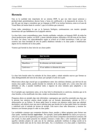 © Grupo EIDOS 3. Programación Orientada al Objeto
23
Herencia
Esta es la cualidad más importante de un sistema OOP, la que nos dará mayor potencia y
productividad, permitiéndonos ahorrar horas y horas de codificación y de depuración de errores. Es
por ello que me niego a considerar que un lenguaje es OOP si no incluye herencia, como es el caso de
Visual Basic (al menos hasta la versión 5, que es la última que conozco).
Como todos entendemos lo que es la herencia biológica, continuaremos con nuestro ejemplo
taxonómico del que hablábamos en el epígrafe anterior.
La clase león, como comentábamos antes, hereda cualidades -métodos, en lenguaje OOP- de todas las
clases predecesoras -padres, en OOP- y posee métodos propios, diferentes a los del resto de las clases.
Es decir, las clases van especializándose según se avanza en el árbol taxonómico. Cada vez que
creamos una clase heredada de otra (la padre) añadimos métodos a la clase padre o modificamos
alguno de los métodos de la clase padre.
Veamos qué hereda la clase león de sus clases padre:
Clase Qué hereda
Vertebrados --> Espina dorsal
Mamíferos --> Se alimenta con leche materna
Carnívoros --> Al ser adultos se alimenta de carne
La clase león hereda todos los métodos de las clases padre y añade métodos nuevos que forman su
clase distinguiéndola del resto de las clases: por ejemplo el color de su piel.
Observemos ahora algo crucial que ya apuntábamos antes: dos subclases distintas, que derivan de una
misma clase padre común, pueden heredar los métodos de la clase padre tal y como estos han sido
definidos en ella, o pueden modificar todos o algunos de estos métodos para adaptarlos a sus
necesidades.
En el ejemplo que exponíamos antes, en la clase león la alimentación es carnívora, mientras que en la
clase hombre, se ha modificado éste dato, siendo su alimentación omnívora.
Pongamos ahora un ejemplo algo más informático: supongamos que usted ha construido una clase que
le permite leer números enteros desde teclado con un formato determinado, calcular su IVA y
almacenarlos en un fichero. Si desea poder hacer lo mismo con números reales (para que admitan
decimales), solo deberá crear una nueva subclase para que herede de la clase padre todos sus métodos
y redefinirá solo el método de lectura de teclado. Esta nueva clase sabe almacenar y mostrar los
números con formato porque lo sabe su clase padre.
Las cualidades comunes que comparten distintas clases, pueden y deben agruparse para formar una
clase padre -también llamada superclase-. Por ejemplo, usted podría derivar las clases presupuesto,
albarán y factura de la superclasepedidos, ya que estas clases comparten características comunes. De
este modo, la clase padre poseería los métodos comunes a todas ellas y sólo tendríamos que añadir
aquellos métodos propios de cada una de las subclases, pudiendo reutilizar el código escrito en la
superclase desde cada una de las clases derivadas. Así, si enseñamos a la clase padre a imprimirse,
 