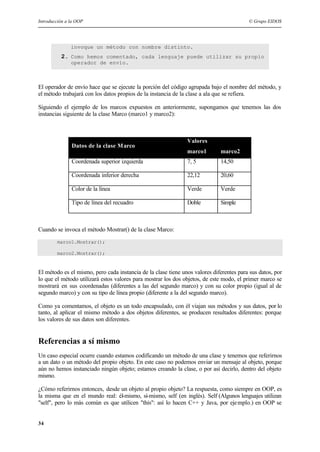 Introducción a la OOP © Grupo EIDOS
34
invoque un método con nombre distinto.
2. Como hemos comentado, cada lenguaje puede utilizar su propio
operador de envío.
El operador de envío hace que se ejecute la porción del código agrupada bajo el nombre del método, y
el método trabajará con los datos propios de la instancia de la clase a ala que se refiera.
Siguiendo el ejemplo de los marcos expuestos en anteriormente, supongamos que tenemos las dos
instancias siguiente de la clase Marco (marco1 y marco2):
Valores
Datos de la clase Marco
marco1 marco2
Coordenada superior izquierda 7, 5 14,50
Coordenada inferior derecha 22,12 20,60
Color de la línea Verde Verde
Tipo de línea del recuadro Doble Simple
Cuando se invoca el método Mostrar() de la clase Marco:
marco1.Mostrar();
marco2.Mostrar();
El método es el mismo, pero cada instancia de la clase tiene unos valores diferentes para sus datos, por
lo que el método utilizará estos valores para mostrar los dos objetos, de este modo, el primer marco se
mostrará en sus coordenadas (diferentes a las del segundo marco) y con su color propio (igual al de
segundo marco) y con su tipo de línea propio (diferente a la del segundo marco).
Como ya comentamos, el objeto es un todo encapsulado, con él viajan sus métodos y sus datos, por lo
tanto, al aplicar el mismo método a dos objetos diferentes, se producen resultados diferentes: porque
los valores de sus datos son diferentes.
Referencias a sí mismo
Un caso especial ocurre cuando estamos codificando un método de una clase y tenemos que referirnos
a un dato o un método del propio objeto. En este caso no podemos enviar un mensaje al objeto, porque
aún no hemos instanciado ningún objeto; estamos creando la clase, o por así decirlo, dentro del objeto
mismo.
¿Cómo referirnos entonces, desde un objeto al propio objeto? La respuesta, como siempre en OOP, es
la misma que en el mundo real: él-mismo, sí-mismo, self (en inglés). Self (Algunos lenguajes utilizan
"self", pero lo más común es que utilicen "this": así lo hacen C++ y Java, por ejemplo.) en OOP se
 