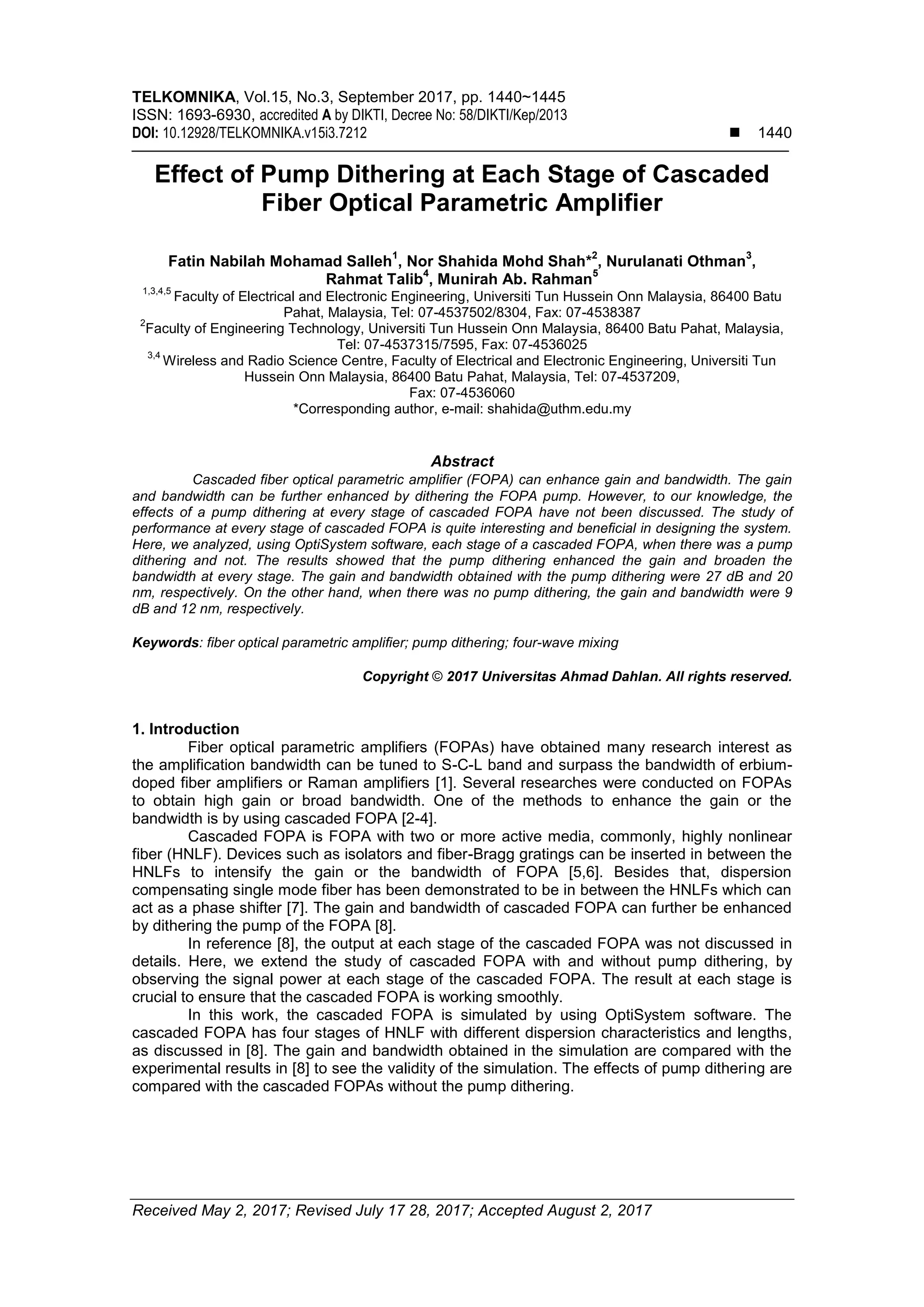 Effect of Pump Dithering at Each Stage of Cascaded Fiber Optical ...