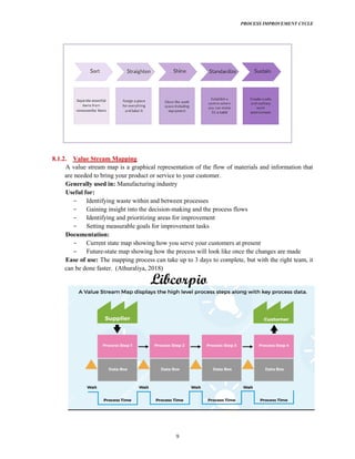 PROCESS IMPROVEMENT CYCLE
9
8.1.2. Value Stream Mapping
A value stream map is a graphical representation of the flow of materials and information that
are needed to bring your product or service to your customer.
Generally used in: Manufacturing industry
Useful for:
Identifying waste within and between processes
Gaining insight into the decision-making and the process flows
Identifying and prioritizing areas for improvement
Setting measurable goals for improvement tasks
Documentation:
Current state map showing how you serve your customers at present
Future-state map showing how the process will look like once the changes are made
Ease of use: The mapping process can take up to 3 days to complete, but with the right team, it
can be done faster. (Athuraliya, 2018)
 