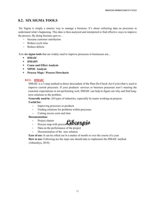 PROCESS IMPROVEMENT CYCLE
11
8.2. SIX SIGMA TOOLS
Six Sigma ocesses to
the process. By doing business gets to
Increase customer satisfaction
Reduce cycle time
Reduce defects
Few six sigma tools that are widely used to improve processes in businesses are...
DMAIC
DMADV
Cause and Effect Analysis
SIPOC Analysis
Process Maps / Process Flowcharts
8.2.1. DMAIC
DMAIC is a 5-step method (a direct descendant of the Plan-Do-Check-Act Cycle) that is used to
improve current processes. the
customer expectations or not performing well, DMAIC can help to figure out why and find long-
term solutions to the problem.
Generally used in: All types of industries, especially by teams working on projects
Useful for:
Improving processes or products
Finding solutions for problems within processes
Cutting excess costs and time
Documentation:
Project charter
Process map with process inputs and outputs
Data on the performance of the project
Documentation of the new solution
Ease of use: It can be rolled out in a matter of month or over the course of a year
How to use: Following are the steps one should take to implement the DMAIC method.
(Athuraliya, 2018)
 