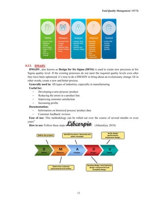 Total Quality Management (5575)
12
8.2.2. DMADV
DMADV, also known as Design for Six Sigma (DFSS) is used to create new processes at Six
Sigma quality level. If the existing processes do not meet the required quality levels even after
other words, create a new and better process.
Generally used in: All types of industries, especially in manufacturing
Useful for:
Developing a new process/ product
Reducing the errors in a product line
Improving customer satisfaction
Increasing profits
Documentation:
Information on historical process/ product data
Customer feedback/ reviews
Ease of use: This methodology can be rolled out over the course of several months or even
years
How to use: Follow these steps to implement DMADV. (Athuraliya, 2018)
 