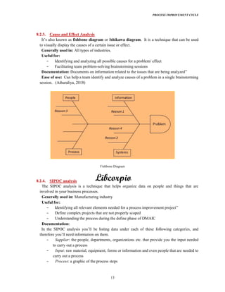 PROCESS IMPROVEMENT CYCLE
13
8.2.3. Cause and Effect Analysis
fishbone diagram or Ishikawa diagram. It is a technique that can be used
to visually display the causes of a certain issue or effect.
Generally used in: All types of industries.
Useful for:
Identifying and analyzing all possible causes for a problem/ effect
Facilitating team problem-solving brainstorming sessions
Documentation: Documents on information related to the issues that are being analyzed
Ease of use: Can help a team identify and analyze causes of a problem in a single brainstorming
session. (Athuraliya, 2018)
Fishbone Diagram
8.2.4. SIPOC analysis
The SIPOC analysis is a technique that helps organize data on people and things that are
involved in your business processes.
Generally used in: Manufacturing industry
Useful for:
Identifying all relevant elements needed for a process improvement project
Define complex projects that are not properly scoped
Understanding the process during the define phase of DMAIC
Documentation:
Supplier: the people, departments, organizations etc. that provide you the input needed
to carry out a process
Input: raw material, equipment, forms or information and even people that are needed to
carry out a process
Process: a graphic of the process steps
 