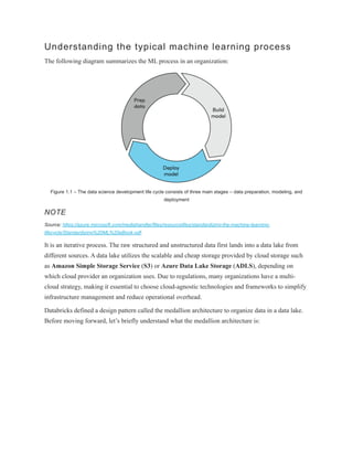 Understanding the typical machine learning process
The following diagram summarizes the ML process in an organization:
Figure 1.1 – The data science development life cycle consists of three main stages – data preparation, modeling, and
deployment
NOTE
Source: https://azure.microsoft.com/mediahandler/files/resourcefiles/standardizing-the-machine-learning-
lifecycle/Standardizing%20ML%20eBook.pdf.
It is an iterative process. The raw structured and unstructured data first lands into a data lake from
different sources. A data lake utilizes the scalable and cheap storage provided by cloud storage such
as Amazon Simple Storage Service (S3) or Azure Data Lake Storage (ADLS), depending on
which cloud provider an organization uses. Due to regulations, many organizations have a multi-
cloud strategy, making it essential to choose cloud-agnostic technologies and frameworks to simplify
infrastructure management and reduce operational overhead.
Databricks defined a design pattern called the medallion architecture to organize data in a data lake.
Before moving forward, let’s briefly understand what the medallion architecture is:
 