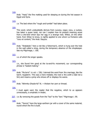 318.
Arab. “Hasír,” the fine matting used for sleeping on during the hot season in
Egypt and Syria.
319.
i.e. The bed where the “rough and tumble” had taken place.
320.
This word, which undoubtedly derives from cuculus, cogul, cocu, a cuckoo,
has taken a queer twist, nor can I explain how its present meaning arose
from a she-bird which lays her egg in a strange nest. Wittol, on the other
hand, from Witan to know, is rightly applied to one whom La Fontaine calls
“cocu et content,” the Arab. Dayyús.
321.
Arab. “Shabakah,” here a net like a fisherman’s, which is hung over the hole
in the wall called a shop, during the temporary absence of the shopkeeper.
See my Pilgrimage, i. 100.
322.
i.e. of which the singer speaks.
323.
i.e., she found him good at the to-and-fro movement; our corresponding
phrase is “basket-making.”
324.
Arab. “Mu’arris”: in vol. i. 338, I derived the word from ’Ars marriage, like the
Germ. Kupplerin. This was a mere mistake; the root is ’Ars (with a Sád not a
Sín) and means a pimp who shows off or displays his wares.
325.
Arab. “Akhmitu Ghazla-há” lit. = thicken her yarn or thread.
326.
I must again warn the reader that the negative, which to us appears
unnecessary, is emphatic in Arabic.
327. i.e. By removing the goods from the “but” to the “ben.” Pilgrimage i. 99.
328.
Arab. “Tannúr,” here the large earthern jar with a cover of the same material,
round which the fire is built.
 