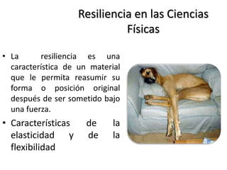 Resiliencia en las Ciencias
Físicas
• La resiliencia es una
característica de un material
que le permita reasumir su
forma o posición original
después de ser sometido bajo
una fuerza.
• Características de la
elasticidad y de la
flexibilidad
 