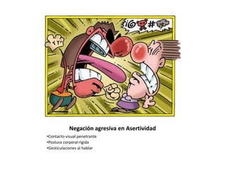 Negación agresiva en Asertividad
•Contacto visual penetrante
•Postura corporal rígida
•Gesticulaciones al hablar
 