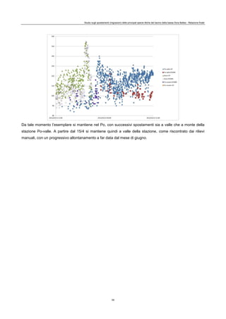 Studio sugli spostamenti (migrazioni) delle principali specie ittiche del bacino della bassa Dora Baltea - Relazione finale
59
Da tale momento l’esemplare si mantiene nel Po, con successivi spostamenti sia a valle che a monte della
stazione Po-valle. A partire dal 15/4 si mantiene quindi a valle della stazione, come riscontrato dai rilievi
manuali, con un progressivo allontanamento a far data dal mese di giugno.
 