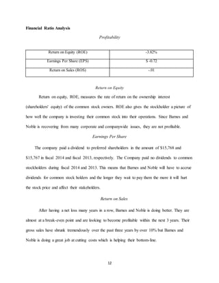 12
Financial Ratio Analysis
Profitability
Return on Equity (ROE) -3.82%
Earnings Per Share (EPS) $ -0.72
Return on Sales (ROS) -.01
Return on Equity
Return on equity, ROE, measures the rate of return on the ownership interest
(shareholders' equity) of the common stock owners. ROE also gives the stockholder a picture of
how well the company is investing their common stock into their operations. Since Barnes and
Noble is recovering from many corporate and companywide issues, they are not profitable.
Earnings Per Share
The company paid a dividend to preferred shareholders in the amount of $15,768 and
$15,767 in fiscal 2014 and fiscal 2013, respectively. The Company paid no dividends to common
stockholders during fiscal 2014 and 2013. This means that Barnes and Noble will have to accrue
dividends for common stock holders and the longer they wait to pay them the more it will hurt
the stock price and affect their stakeholders.
Return on Sales
After having a net loss many years in a row, Barnes and Noble is doing better. They are
almost at a break-even point and are looking to become profitable within the next 3 years. Their
gross sales have shrunk tremendously over the past three years by over 10% but Barnes and
Noble is doing a great job at cutting costs which is helping their bottom-line.
 