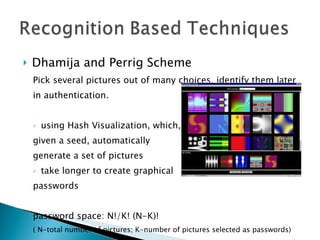 Dhamija and Perrig Scheme Pick several pictures out of many choices, identify them later in authentication. using Hash Visualization, which,  given a seed, automatically  generate a set of pictures take longer to create graphical passwords password space: N!/K! (N-K)! ( N-total number of pictures; K-number of pictures selected as passwords) 