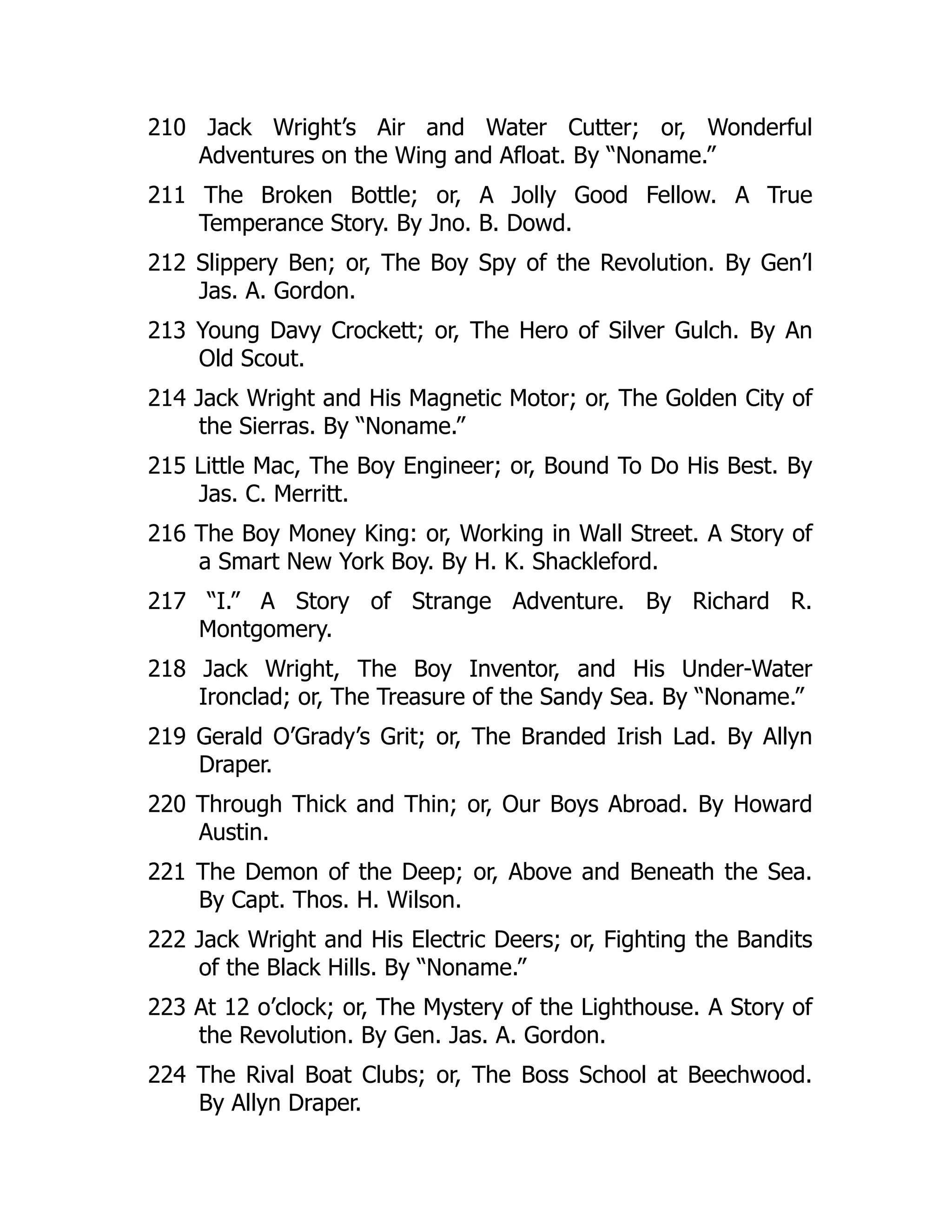 210 Jack Wright’s Air and Water Cutter; or, Wonderful
Adventures on the Wing and Afloat. By “Noname.”
211 The Broken Bottle; or, A Jolly Good Fellow. A True
Temperance Story. By Jno. B. Dowd.
212 Slippery Ben; or, The Boy Spy of the Revolution. By Gen’l
Jas. A. Gordon.
213 Young Davy Crockett; or, The Hero of Silver Gulch. By An
Old Scout.
214 Jack Wright and His Magnetic Motor; or, The Golden City of
the Sierras. By “Noname.”
215 Little Mac, The Boy Engineer; or, Bound To Do His Best. By
Jas. C. Merritt.
216 The Boy Money King: or, Working in Wall Street. A Story of
a Smart New York Boy. By H. K. Shackleford.
217 “I.” A Story of Strange Adventure. By Richard R.
Montgomery.
218 Jack Wright, The Boy Inventor, and His Under-Water
Ironclad; or, The Treasure of the Sandy Sea. By “Noname.”
219 Gerald O’Grady’s Grit; or, The Branded Irish Lad. By Allyn
Draper.
220 Through Thick and Thin; or, Our Boys Abroad. By Howard
Austin.
221 The Demon of the Deep; or, Above and Beneath the Sea.
By Capt. Thos. H. Wilson.
222 Jack Wright and His Electric Deers; or, Fighting the Bandits
of the Black Hills. By “Noname.”
223 At 12 o’clock; or, The Mystery of the Lighthouse. A Story of
the Revolution. By Gen. Jas. A. Gordon.
224 The Rival Boat Clubs; or, The Boss School at Beechwood.
By Allyn Draper.
 