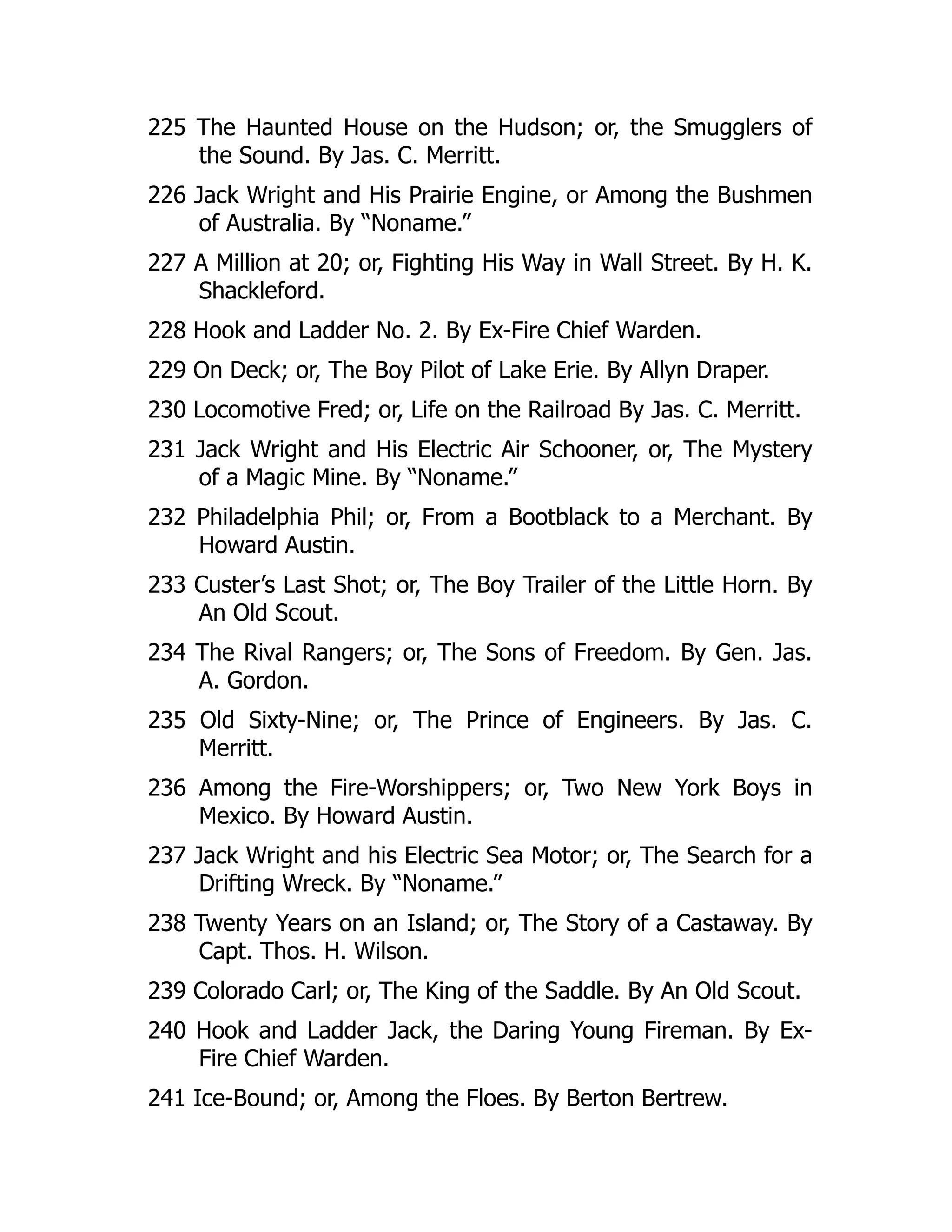 225 The Haunted House on the Hudson; or, the Smugglers of
the Sound. By Jas. C. Merritt.
226 Jack Wright and His Prairie Engine, or Among the Bushmen
of Australia. By “Noname.”
227 A Million at 20; or, Fighting His Way in Wall Street. By H. K.
Shackleford.
228 Hook and Ladder No. 2. By Ex-Fire Chief Warden.
229 On Deck; or, The Boy Pilot of Lake Erie. By Allyn Draper.
230 Locomotive Fred; or, Life on the Railroad By Jas. C. Merritt.
231 Jack Wright and His Electric Air Schooner, or, The Mystery
of a Magic Mine. By “Noname.”
232 Philadelphia Phil; or, From a Bootblack to a Merchant. By
Howard Austin.
233 Custer’s Last Shot; or, The Boy Trailer of the Little Horn. By
An Old Scout.
234 The Rival Rangers; or, The Sons of Freedom. By Gen. Jas.
A. Gordon.
235 Old Sixty-Nine; or, The Prince of Engineers. By Jas. C.
Merritt.
236 Among the Fire-Worshippers; or, Two New York Boys in
Mexico. By Howard Austin.
237 Jack Wright and his Electric Sea Motor; or, The Search for a
Drifting Wreck. By “Noname.”
238 Twenty Years on an Island; or, The Story of a Castaway. By
Capt. Thos. H. Wilson.
239 Colorado Carl; or, The King of the Saddle. By An Old Scout.
240 Hook and Ladder Jack, the Daring Young Fireman. By Ex-
Fire Chief Warden.
241 Ice-Bound; or, Among the Floes. By Berton Bertrew.
 