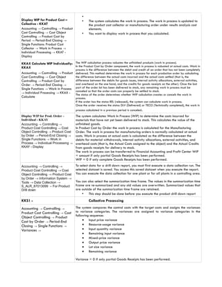 •
Display WIP for Product Cost –            •    The system calculates the work in process. The work in process is updated to
Collective - KKAT                              the product cost collector or manufacturing order under results analysis cost
Accounting → Controlling → Product             elements.
Cost Controlling → Cost Object            •    You want to display work in process that you calculated.
Controlling → Product Cost by
Period → Period-End Closing →
Single Functions: Product Cost
Collector → Work in Process →
Individual Processing → KKAT -
Display

KKAX Calculate WIP Individually-     The WIP calculation process valuates the unfinished products (work in process).
KKAX                                 In the Product Cost by Order component, the work in process is valuated at actual costs. Work in
                                     process is the difference between the debit and credit of an order that has not been completely
Accounting → Controlling → Product   delivered. This method determines the work in process for each production order by calculating
Cost Controlling → Cost Object       the difference between the actual costs incurred and the actual costs settled (that is, the
Controlling → Product Cost by        difference between the debits for goods issues, internal activity allocations, external activities,
Order → Period-End Closing →         and overhead on the one hand, and the credits for goods receipts on the other). Once the last
Single Functions → Work in Process   part of the order lot has been delivered to stock, any remaining work in process must be
                                     canceled so that the order costs can properly be settled to stock.
→ Individual Processing → KKAX -
                                     The status of the order determines whether WIP calculation creates or cancels the work in
Calculate                            process.
                                     If the order has the status REL (released), the system can calculate work in process.
                                     Once the order receives the status DLV (Delivered) or TECO (Technically completed), the work in
                                     process calculated in a previous period is canceled.
Display WIP for Prod. Order –        The system calculates Work In Process (WIP) to determine the costs incurred for
Individual - KKAY                    materials that have not yet been delivered to stock. This calculates the value of the
Accounting → Controlling →           unfinished goods.
Product Cost Controlling → Cost      In Product Cost by Order the work in process is calculated for the Manufacturing
Object Controlling → Product Cost    Order. The work in process for manufacturing orders is normally calculated at actual
by Order → Period-End Closing →      costs. Work in process at actual costs is calculated as the difference between the
Single Functions → Work in           debits for material withdrawals, internal activity allocations, external activities, and
Process → Individual Processing →    overhead costs (that is, the Actual Costs assigned to the object) and the Actual Credits
KKAY - Display                       from goods receipts for delivery to stock.
                                     The work in process can be transferred to Financial Accounting and Profit Center WIP
                                     = amount if only partial Goods Receipts has been performed.
                                     WIP = 0 if only complete Goods Receipts has been performed.
Accounting → Controlling →           To select data for a drill down report, you must first execute a data collection run. The
Product Cost Controlling → Cost      selected dataset is saved. You access this saved dataset when you execute the report.
Object Controlling → Product Cost    You can execute the data collection for one plant or for all plants in a controlling area.
by Order → Information System →
Tools → Data Collection →            You can also select the summarization time frame. The values in the summarization time
S_ALR_87013099 – For Product         frame are re-summarized and any old values are overwritten. Summarized values that
Drill down                           are outside of the summarization time frame are retained.
                                         • This step should be done before you execute the product drill down report
KKS1 -                                         Collective Processing
Accounting → Controlling →           The system compares the control costs with the target costs and assigns the variances
Product Cost Controlling → Cost      to variance categories. The variances are assigned to variance categories in the
                                     following sequence:
Object Controlling → Product
Cost by Order → Period-End                • Input price variance
Closing → Single Functions →              • Resource-usage variance
Variances →                               • Input quantity variance
                                          • Remaining input variance
                                          • Mixed-price variance
                                          • Output price variance
                                          • Lot size variance
                                          • Remaining variance

                                     Variance = 0 if only partial Goods Receipts has been performed.
 