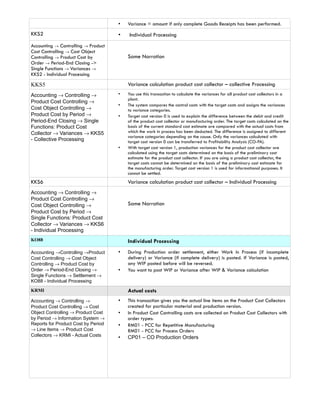 •   Variance = amount if only complete Goods Receipts has been performed.
KKS2                                 •   Individual Processing
Accounting → Controlling → Product
Cost Controlling → Cost Object
Controlling → Product Cost by            Same Narration
Order → Period-End Closing ->
Single Functions → Variances →
KKS2 - Individual Processing

KKS5                                     Variance calculation product cost collector – collective Processing
Accounting → Controlling →           •   You use this transaction to calculate the variances for all product cost collectors in a
                                         plant.
Product Cost Controlling →
                                     •   The system compares the control costs with the target costs and assigns the variances
Cost Object Controlling →                to variance categories.
Product Cost by Period →             •   Target cost version 0 is used to explain the difference between the debit and credit
Period-End Closing → Single              of the product cost collector or manufacturing order. The target costs calculated on the
Functions: Product Cost                  basis of the current standard cost estimate are compared with the actual costs from
Collector → Variances → KKS5             which the work in process has been deducted. The difference is assigned to different
                                         variance categories depending on the cause. Only the variances calculated with
- Collective Processing                  target cost version 0 can be transferred to Profitability Analysis (CO-PA).
                                     •   With target cost version 1, production variances for the product cost collector are
                                         calculated using the target costs determined on the basis of the preliminary cost
                                         estimate for the product cost collector. If you are using a product cost collector, the
                                         target costs cannot be determined on the basis of the preliminary cost estimate for
                                         the manufacturing order. Target cost version 1 is used for informational purposes. It
                                         cannot be settled.
KKS6                                     Variance calculation product cost collector – Individual Processing
Accounting → Controlling →
Product Cost Controlling →
Cost Object Controlling →                Same Narration
Product Cost by Period →
Single Functions: Product Cost
Collector → Variances → KKS6
- Individual Processing
KO88                                     Individual Processing
Accounting →Controlling →Product     •   During Production order settlement, either Work In Process (if incomplete
Cost Controlling → Cost Object           delivery) or Variance (if complete delivery) is posted. If Variance is posted,
Controlling → Product Cost by            any WIP posted before will be reversed.
Order → Period-End Closing →         •   You want to post WIP or Variance after WIP & Variance calculation
Single Functions → Settlement →
KO88 - Individual Processing
KRMI                                     Actual costs
Accounting → Controlling →           •   This transaction gives you the actual line items on the Product Cost Collectors
Product Cost Controlling → Cost          created for particular material and production version.
Object Controlling → Product Cost    •   In Product Cost Controlling costs are collected on Product Cost Collectors with
by Period → Information System →         order types:
Reports for Product Cost by Period   •   RM01 - PCC for Repetitive Manufacturing
→ Line Items → Product Cost              RM01 - PCC for Process Orders
Collectors → KRMI - Actual Costs     •   CP01 – CO Production Orders
 