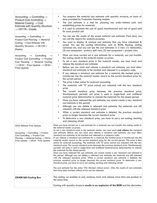 Accounting → Controlling →                   •    You prepare the material cost estimate with quantity structure, on basis of
Product Cost Controlling →                        data provided by Production Planning module.
Material Costing → Cost                      •    The cost estimate is a tool for planning non order-related costs and
Estimate with Quantity Structure                  establishing prices for materials.
→ CK11N - Create                             •    It is used to calculate the cost of good manufactured and cost of good sold
                                                  for each product unit
Accounting → Controlling →                   •    You can see the results of the saved material cost estimate. From here, you
Product Cost Planning → Material                  can call the reports for analysis purposes.
Costing → Cost Estimate with                 •    You want to display & analyse cost estimate that you have calculated &
Quantity Structure → CK13N –                      saved. You see the costing information, such as BOM, Routing, costing
                                                  variances etc, and you can see the cost estimates in 3 view: (1) itemization,
Display                                           (2) cost component - primary split view, (3) cost component – process view.

Accounting → Controlling →                   •    Once you have carried out a cost estimate for a material, you can transfer
Product Cost Controlling → Product                the costing results to the material master as prices.
Cost Planning → Material Costing             •    To set a new standard price in the material master, you must mark and
→ CK24 - Price Update → CK24 -                    release the standard cost estimate.
Price Update                                 •    Before you can mark and release a standard cost estimate, you must allow
                                                  standard cost estimates to be marked and released in a company code.
                                             •    If you release a standard cost estimate for a material, the marked price is
                                                  transferred into the material master record as the current standard price for
                                                  the current period.
                                             •    This price is then active for external accounting.
                                             •    The materials with "S" price control are valuated with the new standard
                                                  price.
                                             •    The current standard price becomes the previous standard price.
                                                  Simultaneously periodic unit price is used in single-level and multilevel
                                                  material price determination to valuate the materials for the closed period.
                                             •    Once you have released the cost estimate, you cannot create a new standard
                                                  cost estimate in this period.
                                             •    Although you can delete a released cost estimate, the materials are still
                                                  valuated with the released standard price.
                                             •    When a current standard cost estimate is deleted, the previous standard
                                                  price no longer becomes the current standard price.
                                             •    To determine a new standard price, you have to carry out costing, marking
                                                  and releasing afresh
CK24 Release Price Update            Once you have carried out a cost estimate for a material, you can transfer the costing results to
                                     the material master as prices.
                                     To set a new standard price in the material master, you must mark and release the standard
Accounting → Controlling → Product   cost estimate. Before you can mark and release a standard cost estimate, you must allow
Cost Controlling → Product Cost      standard cost estimates to be marked and released in a company code.
Planning → Material Costing → CK24 - If you release a standard cost estimate for a material, the marked price is transferred into the
Price Update → CK24 - Price Update   material master record as the current standard price for the current period. This price is then
                                     active for external accounting. The materials with "S" price control are valuated with the new
                                     standard price. The current standard price becomes the previous standard price. Simultaneously
                                     periodic unit price is used in single-level and multilevel material price determination to valuate
                                     the materials for the closed period.
                                     Once you have released the cost estimate, you cannot create a new standard cost estimate in
                                     this period. Although you can delete a released cost estimate, the materials are still valuated
                                     with the released standard price. When a current standard cost estimate is deleted, the
                                     previous standard price no longer becomes the current standard price. To determine a new
                                     standard price, you have to carry out costing, marking and releasing afresh.

                                        The cost estimate has the status ‘VO: Marked without errors’. Only the results of cost estimates
                                        that have been marked without errors can be released.


CK40N Edit Costing Run                  The costing run enables to cost, analyze, mark and release more than one product at
                                        the same time.

                                        Costing with quantity structure results in an explosion of the BOM and the derivation
 