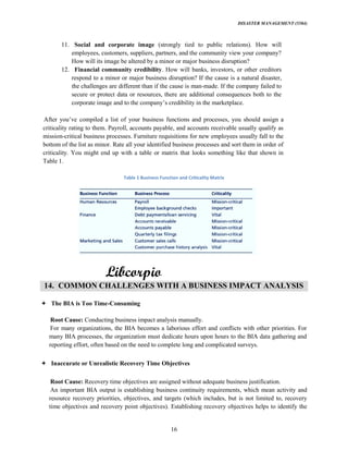 DISASTER MANAGEMENT (5584)
16
11. Social and corporate image (strongly tied to public relations). How will
employees, customers, suppliers, partners, and the community view your company?
How will its image be altered by a minor or major business disruption?
12. Financial community credibility. How will banks, investors, or other creditors
respond to a minor or major business disruption? If the cause is a natural disaster,
the challenges are different than if the cause is man-made. If the company failed to
secure or protect data or resources, there are additional consequences both to the
corporate image and to the credibility in the marketplace.
criticality rating to them. Payroll, accounts payable, and accounts receivable usually qualify as
mission-critical business processes. Furniture requisitions for new employees usually fall to the
bottom of the list as minor. Rate all your identified business processes and sort them in order of
criticality. You might end up with a table or matrix that looks something like that shown in
Table 1.
14. COMMON CHALLENGES WITH A BUSINESS IMPACT ANALYSIS
The BIA is Too Time-Consuming
Root Cause: Conducting business impact analysis manually.
For many organizations, the BIA becomes a laborious effort and conflicts with other priorities. For
many BIA processes, the organization must dedicate hours upon hours to the BIA data gathering and
reporting effort, often based on the need to complete long and complicated surveys.
Inaccurate or Unrealistic Recovery Time Objectives
Root Cause: Recovery time objectives are assigned without adequate business justification.
An important BIA output is establishing business continuity requirements, which mean activity and
resource recovery priorities, objectives, and targets (which includes, but is not limited to, recovery
time objectives and recovery point objectives). Establishing recovery objectives helps to identify the
 