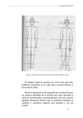 RELAJACION Y POSTURA
18
Esta es la postura correcta e incorrecta cuando estamos de pie
El modelo ideal de postura no existe sino que sólo
podemos acercarnos a él. Cada uno a nuestra manera y
con nuestro estilo.
Desde la perspectiva del logopeda no se trata de hacer
un examen detallado de la postura tal como llevarían a
cabo los profesionales correspondientes, sino de conocer
aquellos elementos básicos que le permitan constatar la
simetría o asimetría corporal con respecto a un eje
central.
 