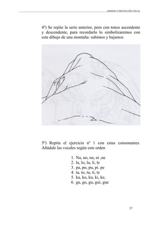 EMISIÓN Y PROYECCIÓN VOCAL
37
4º) Se repite la serie anterior, pero con tonos ascendente
y descendente, para recordarlo lo simbolizaremos con
este dibujo de una montaña: subimos y bajamos
5º) Repita el ejercicio nº 1 con estas consonantes.
Añádale las vocales según este orden
1. Na, no, nu, ni ,ne
2. la, lo, lu, li, le
3. pa, po, pu, pi. pe
4. ta, to, tu, ti, te
5. ka, ko, ku, ki, ke,
6. ga, go, gu, gui, gue
 