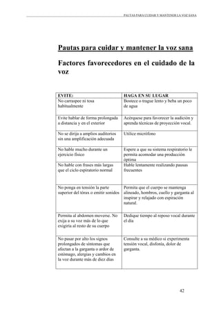 PAUTAS PARA CUIDAR Y MANTENER LA VOZ SANA
42
Pautas para cuidar y mantener la voz sana
Factores favorecedores en el cuidado de la
voz
EVITE: HAGA EN SU LUGAR
No carraspee ni tosa
habitualmente
Bostece o trague lento y beba un poco
de agua
Evite hablar de forma prolongada
a distancia y en el exterior
Acérquese para favorecer la audición y
aprenda técnicas de proyección vocal.
No se dirija a amplios auditorios
sin una amplificación adecuada
Utilice micrófono
No hable mucho durante un
ejercicio físico
Espere a que su sistema respiratorio le
permita acomodar una producción
óptima
No hable con frases más largas
que el ciclo espiratorio normal
Hable lentamente realizando pausas
frecuentes
No ponga en tensión la parte
superior del tórax o emitir sonidos
Permita que el cuerpo se mantenga
alineado, hombros, cuello y garganta al
inspirar y relajado con espiración
natural.
Permita al abdomen moverse. No
exija a su voz más de lo que
exigiría al resto de su cuerpo
Dedique tiempo al reposo vocal durante
el día
No pasar por alto los signos
prolongados de síntomas que
afectan a la garganta o ardor de
estómago, alergias y cambios en
la voz durante más de diez días
Consulte a su médico si experimenta
tensión vocal, disfonía, dolor de
garganta.
 