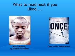 What to read next if you
liked....
Broken Memory
by Elisabeth Combres
Once by Morris Gleitzman
.
 