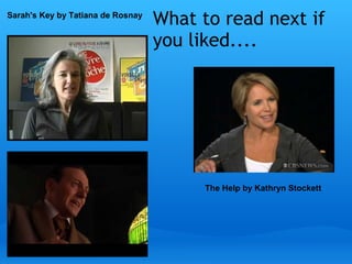 What to read next if
you liked....
Sarah's Key by Tatiana de Rosnay
The Help by Kathryn Stockett
 