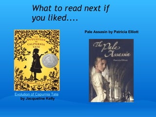 What to read next if
you liked....
Evolution of Capurnia Tate
by Jacqueline Kelly
Pale Assasin by Patricia Elliott
 