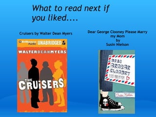 What to read next if
you liked....
Cruisers by Walter Dean Myers Dear George Clooney Please Marry
my Mom
 by
Susin Nielson
 