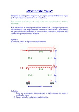 METODO DE CROSS 
Programa realizado por mi amigo Lucas, sirve para resolver problemas de Vigas 
y Pórticos con pisos por el método de Hardy Cross. 
Para entender este método, el usuario debe tener conocimiento de Análisis 
Estructural. 
Con este método, el usuario puede resolver pórticos de 2 o mas pisos ya sea con 
desplazamiento o sin desplazamiento. Para nuestra demostración, resolveremos 
un ejercicio con desplazamiento, el otro es similar solo que no aparecerán mas 
condiciones, por ello será fácil entender. 
Ejemplo: 
Resolver el pórtico de 2 pisos con desplazamiento. 
Solución. 
1) Como en las anteriores demostraciones, se debe numerar los nudos y 
nombrar las barras. 
2) Se debe hallar los coeficientes de distribución: 
 