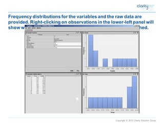 Copyright © 2012 Clarity Solution Group 
Frequency distributions for the variables and the raw data are provided. Right-clicking on observations in the lower-left panel will show where they appear in the bar charts. Cancel when finished.  