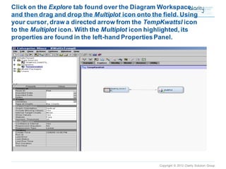 Copyright © 2012 Clarity Solution Group 
Click on the Exploretab found over the Diagram Workspace, and then drag and drop the Multiploticon onto the field. Using your cursor, draw a directed arrow from the TempKwattslicon to the Multiploticon. With the Multiploticon highlighted, its properties are found in the left-hand Properties Panel.  