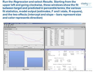 Copyright © 2012 Clarity Solution Group 
Run the Regressionand select Results. Starting from the upper left and going clockwise, these windows show the fit between target and predicted in percentile terms, the various fit statistics, model output (estimates, F and t stats, R-square), and the two effects (intercept and slope –bars represent size and color represents direction)  