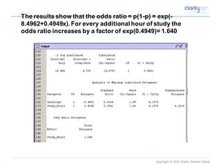 Copyright © 2012 Clarity Solution Group 
The results show that the odds ratio = p(1-p) = exp(- 8.4962+0.4949x). For every additional hour of study the odds ratio increases by a factor of exp(0.4949)= 1.640  