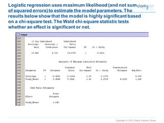 Copyright © 2012 Clarity Solution Group 
Logistic regression uses maximum likelihood (and not sum of squared errors) to estimate the model parameters. The results below show that the model is highly significant based on a chi-square test. The Wald chi-square statistic tests whether an effect is significant or not.  