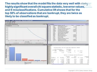 Copyright © 2012 Clarity Solution Group 
The results show that the model fits the data very well with highly significant overall chi square statistic, low error values, and 0 misclassifications. Cumulative lift shows that for the top 50% of observations that are bankrupt, they are twice as likely to be classified as bankrupt.  