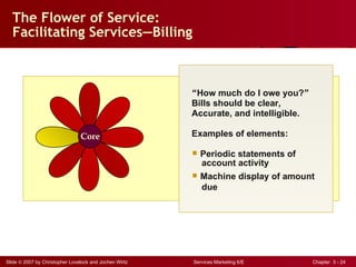 The Flower of Service: Facilitating Services — Billing “ How much do I owe you? ” Bills should be clear,  Accurate, and intelligible.  Examples of elements: Periodic statements of  account activity Machine display of amount  due Core 