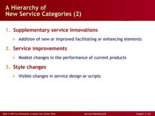 A Hierarchy of  New Service Categories (2) Supplementary service innovations Addition of new or improved facilitating or enhancing elements Service improvements Modest changes in the performance of current products Style changes Visible changes in service design or scripts 