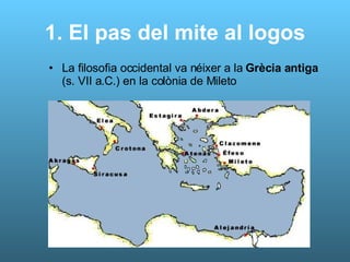 1. El pas del mite al logos La filosofia occidental va néixer a la  Grècia antiga  (s. VII a.C.) en la colònia de Mileto 