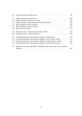 6.7. Execution times and CPU loads . . . . . . . . . . . . . . . . . . . . . . . . . 98 
7.1. AOK experiment requirements . . . . . . . . . . . . . . . . . . . . . . . . . . 102 
7.2. AOK experiment sequence of events . . . . . . . . . . . . . . . . . . . . . . . 103 
7.3. AOK controller settings during the fine control phase . . . . . . . . . . . . . . 108 
7.4. Most significant control statistics . . . . . . . . . . . . . . . . . . . . . . . . . 109 
7.5. Most significant control statistics . . . . . . . . . . . . . . . . . . . . . . . . . 110 
7.6. Maneuver v budget . . . . . . . . . . . . . . . . . . . . . . . . . . . . . . . 112 
B.1. Navigation error - Position and velocity in RTN . . . . . . . . . . . . . . . . . 124 
B.2. Navigation error - Orbital elements . . . . . . . . . . . . . . . . . . . . . . . . 125 
C.1. Control performance and maneuver budget of AOK control . . . . . . . . . . . 129 
C.2. Control performance and maneuver budget of AFC relative control . . . . . . . 131 
C.3. Control performance and maneuver budget of in-plane linear control . . . . . . 132 
C.4. Control performance and maneuver budget of AFC relative control . . . . . . . 135 
D.1. Requested and actual MANGO - TANGO relative initial state for the AOK ex-periment 
. . . . . . . . . . . . . . . . . . . . . . . . . . . . . . . . . . . . . . 140 
xi 
 