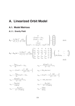 4. Control Methods 
Figure 4.5.: On-board estimation process of da/dt 
generated with a 70x70 gravitational field model and one generated with a 5x5 model. The real 
orbit is generated by numerical orbit propagation including the aspherical Earth gravitational 
field (GGM01S model) through an expansion in spherical harmonics up to degree and order 70, 
tides and relativity gravitational field perturbations, the Sun and Moon third body forces, the 
atmospheric drag (atmospheric density model Harris-Priester) and solar radiation pressure. It 
can be noticed in Fig. 4.5 that in the case of the 5x5 orbit model a short period (for example 10 
points) linear fitting without data smoothing is totally unreliable for estimating the atmospheric 
drag. A long period (50 points) linear fitting would allow an accurate estimation of da/dt, but 
requires a minimum maneuver cycle period of 50 orbits (i.e. more than 3 days) which could be 
too long as in the case of the AOK controller (Chapter 7). Nevertheless an efficient estimation 
of da/dt is still possible using samples of 10 aAN values with a proper smoothing process. 
The smoothing filter takes as input the points marked by circles in Fig. 4.5 and flattens them on 
a line λ keeping unaltered the ratios of their distances from it. Line λ is defined by point (x1, y) 
and angular coefficient m where x1 is the x-coordinate of the first point, y is the mean of the 
y-coordinates of all the points of the sample andm is the estimated da/dt. The smoothed points 
yksth are computed with the following equations 
yksth = mxk + q ± 
d√1 + m2 
f 
(4.15) 
d = |yk − (mxk + q) √ | 1 + m2 
q = y − mx1 (4.16) 
where in the second term of Eq. (4.15) the + sign has to be used if yk ≥ mxk + q, the − sign 
if yk  mxk + q and f ≥ 1 is a flattening coefficient uploaded by TC. An initial value of 
da/dt, estimated on-ground and uploaded to the spacecraft, is used for the very first smoothing 
56 
 