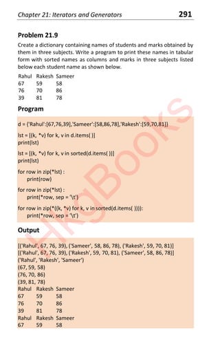 Chapter 21: Iterators and Generators 291
Problem 21.9
Create a dictionary containing names of students and marks obtained by
them in three subjects. Write a program to print these names in tabular
form with sorted names as columns and marks in three subjects listed
below each student name as shown below.
Rahul Rakesh Sameer
67 59 58
76 70 86
39 81 78
Program
d = {'Rahul':[67,76,39],'Sameer':[58,86,78],'Rakesh':[59,70,81]}
lst = [(k, *v) for k, v in d.items( )]
print(lst)
lst = [(k, *v) for k, v in sorted(d.items( ))]
print(lst)
for row in zip(*lst) :
print(row)
for row in zip(*lst) :
print(*row, sep = 't')
for row in zip(*((k, *v) for k, v in sorted(d.items( )))):
print(*row, sep = 't')
Output
[('Rahul', 67, 76, 39), ('Sameer', 58, 86, 78), ('Rakesh', 59, 70, 81)]
[('Rahul', 67, 76, 39), ('Rakesh', 59, 70, 81), ('Sameer', 58, 86, 78)]
('Rahul', 'Rakesh', 'Sameer')
(67, 59, 58)
(76, 70, 86)
(39, 81, 78)
Rahul Rakesh Sameer
67 59 58
76 70 86
39 81 78
Rahul Rakesh Sameer
67 59 58
H
k
g
B
o
o
k
s
 