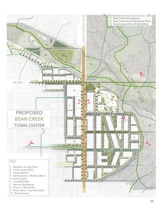 64
PROPOSED
BEAR CREEK
TOWN CENTER
KINGGEORGEBLVD84 AVE
Through-block linear park
BEAR
CREEK
PARK
KEY
1. Neighbor Energy Plant
2. Community Center
3. Library Branch
4. Gallery Space / Reading Room
5. Events Space
6. Live/Work Row
7. Senior’s Residences
8. Grocer + Mixed Use
9. Small office + live/work block
10. Row Housing
2
3
4
5
8
10
17
18
19
20
12
10
11
1516
13
14
9
10
6
7
1
8
11. Bear Creek Park gateway
12. Bear Creek Active Recreation Plaza
13 Transit stops with cycling facilities
14. Cafe + Market space
15. Market Row
17. BC Hydro Dog Park
18. Naturalized infiltration garden
19. Community gardens
20. Wildflower field + beekeeping
C’
C
A
B B’
A’
 