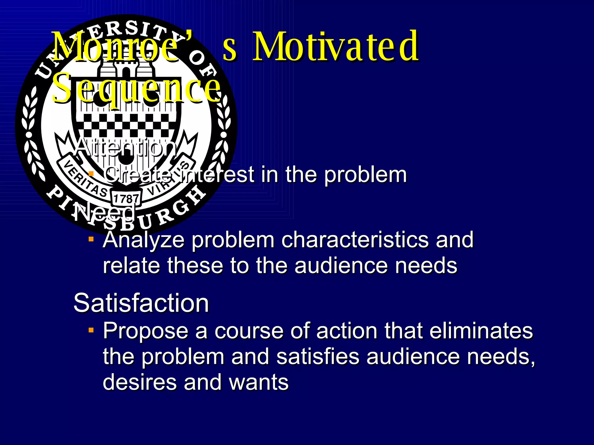 Monroe’s Motivated Sequence Attention Create interest in the problem Need Analyze problem characteristics and relate these to the audience needs Satisfaction  Propose a course of action that eliminates the problem and satisfies audience needs, desires and wants 