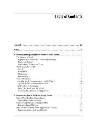 Table of Contents
Foreword. . . . . . . . . . . . . . . . . . . . . . . . . . . . . . . . . . . . . . . . . . . . . . . . . . . . . . . . . . . . . . . . . . . . xiii
Preface. . . . . . . . . . . . . . . . . . . . . . . . . . . . . . . . . . . . . . . . . . . . . . . . . . . . . . . . . . . . . . . . . . . . . . . xv
1. Introduction to Apache Spark: A Unified Analytics Engine. . . . . . . . . . . . . . . . . . . . . . . . . . 1
The Genesis of Spark 1
Big Data and Distributed Computing at Google 1
Hadoop at Yahoo! 2
Spark’s Early Years at AMPLab 3
What Is Apache Spark? 4
Speed 4
Ease of Use 5
Modularity 5
Extensibility 5
Unified Analytics 6
Apache Spark Components as a Unified Stack 6
Apache Spark’s Distributed Execution 10
The Developer’s Experience 14
Who Uses Spark, and for What? 14
Community Adoption and Expansion 16
2. Downloading Apache Spark and Getting Started. . . . . . . . . . . . . . . . . . . . . . . . . . . . . . . . 19
Step 1: Downloading Apache Spark 19
Spark’s Directories and Files 21
Step 2: Using the Scala or PySpark Shell 22
Using the Local Machine 23
Step 3: Understanding Spark Application Concepts 25
Spark Application and SparkSession 26
v
 