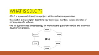 WHAT IS SDLC ??
•SDLC is a process followed for a project, within a software organization.
•It consist of a detailed plan describing how to develop, maintain, replace and alter or
enhance specific software.
•The life cycle defines a methodology for improving the quality of software and the overall
development process.
 