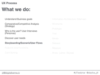 @dasilva_jilljill@digitalkarma.io
What we do:
#UTwebinar
UX Process
Understand Business goals
Comparative/Competitive Analysis
(Strategy)
Who is the user? User Interviews
(Personas)
Discover user needs
Storyboarding/Scenario/User Flows
Features and Functions
Card Sorting
Information Architecture (Sitemap)
Wireframe
Prototype
Test
Iterate
Release
Measure
Rinse, Lather, Repeat.
 