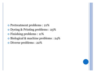 Pretreatment problems : 21%
	 Dyeing & Printing problems : 23%

	 Finishing problems : 11%

	 Biological & machine problems : 24%

	 Diverse problems : 22%
 