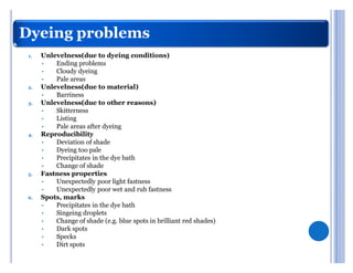 Dyeing problems
 1.   Unlevelness(due to dyeing conditions)
      ‡   Ending problems
      ‡   Cloudy dyeing
      ‡   Pale areas
 2.   Unlevelness(due to material)
      ‡   Barriness
 3.   Unlevelness(due to other reasons)
      ‡   Skitterness
      ‡   Listing
      ‡   Pale areas after dyeing
 4.   Reproducibility
      ‡   Deviation of shade
      ‡   Dyeing too pale
      ‡   Precipitates in the dye bath
      ‡   Change of shade
 5.   Fastness properties
      ‡   Unexpectedly poor light fastness
      ‡   Unexpectedly poor wet and rub fastness
 6.   Spots, marks
      ‡   Precipitates in the dye bath
      ‡   Singeing droplets
      ‡   Change of shade (e.g. blue spots in brilliant red shades)
      ‡   Dark spots
      ‡   Specks
      ‡   Dirt spots
 
