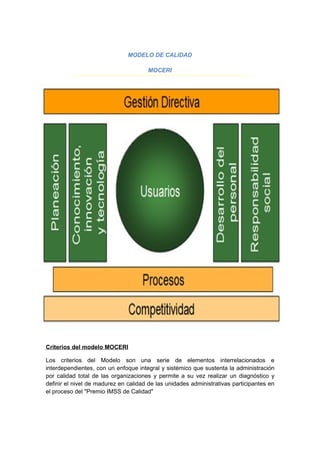 MODELO DE CALIDAD
MOCERI
Criterios del modelo MOCERI
Los criterios del Modelo son una serie de elementos interrelacionados e
interdependientes, con un enfoque integral y sistémico que sustenta la administración
por calidad total de las organizaciones y permite a su vez realizar un diagnóstico y
definir el nivel de madurez en calidad de las unidades administrativas participantes en
el proceso del "Premio IMSS de Calidad"
 